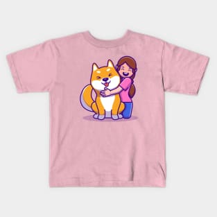 Cute Girl With Shiba Inu Dog Cartoon Kids T-Shirt